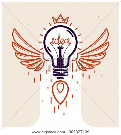 Idea Light Bulb With Wings Launching Like A Rocket Vector Linear Logo Or Icon, Creative Idea Startup