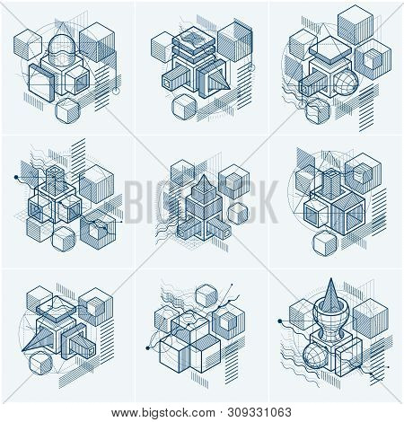 Isometric Abstractions With Lines And Different Elements, Vector Abstract Backgrounds. Compositions 