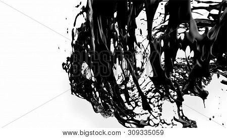 Black Splash Like Petroleum Is Hanging In The Air. 3d Rendering Of Liquid Splash In Cartoon Style. 3