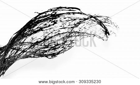 Black Splash Like Petroleum Is Hanging In The Air. 3d Rendering Of Liquid Splash In Cartoon Style. 3