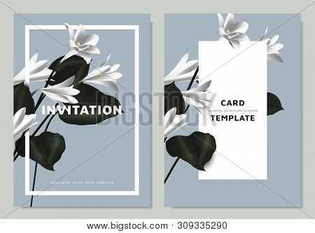 White Rain Lilies And Philodendron Silk Leaves With Rectangle  Frame On Blue Background, Invitation 