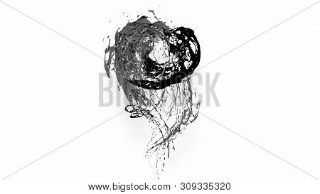 Black Splash Like Petroleum Is Hanging In The Air. 3d Rendering Of Liquid Splash In Cartoon Style. 3