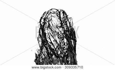 Black Splash Like Petroleum Is Hanging In The Air. 3d Rendering Of Liquid Splash In Cartoon Style. 4