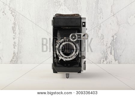 Moscow, Russia, July 02, 2019. Old Soviet Medium Format Rangefinder Camera Moskwa-5, Released1957 On