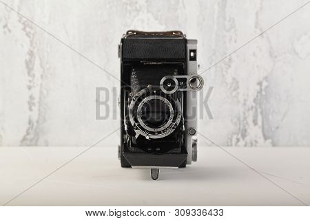 Moscow, Russia, July 02, 2019. Old Soviet Medium Format Rangefinder Camera Moskwa-5, Released1957 On