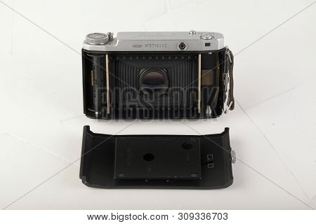 Moscow, Russia, July 02, 2019. Old Soviet Medium Format Rangefinder Camera Moskwa-5, Released1957 On