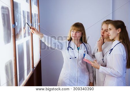 Group Of Nurse Studying The Sections Of The Brain. The Concept Of Health Education. Students In The 