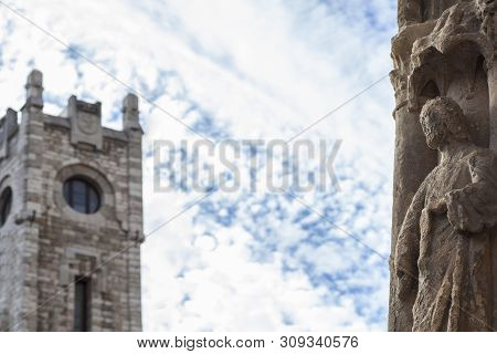 Leon Cathedral Main Facade, Spain. Archivolt Sculpture And Correos Building Tower