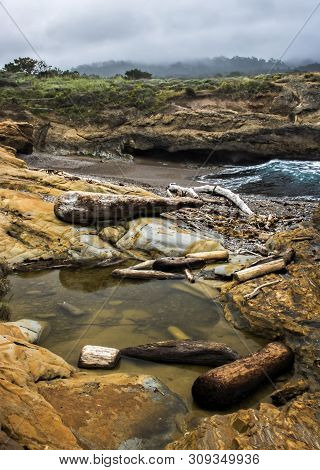 Tidepools And Driftwood On California Shore With Surging Ocean In Background.