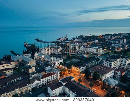 Evening Resort Town Sukhum, Abkhazia Aerial View From Drone.
