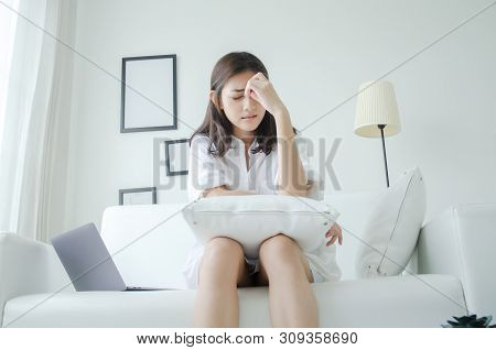 Asian Women Are Headache Severely.lady Wake Up In The Morning With Migraine.insomnia Results In Head