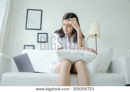Asian Women Are Headache Severely.lady Wake Up In The Morning With Migraine. Insomnia Results In Hea