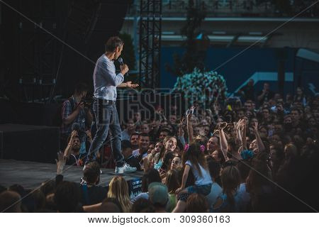 Lviv, Ukraine - June 18, 2019: Vakarchuk At Stage Talking In Microphone. Political