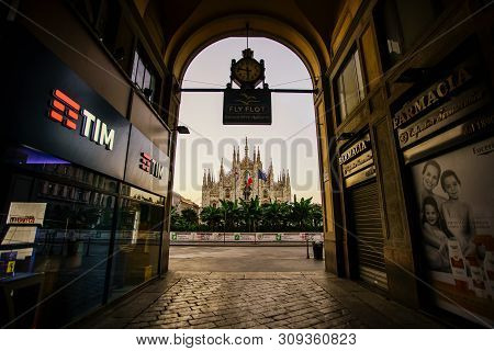 Milan, Italy - June 17, 2019: Milan City Cathedral At Piazza Del Duomo Square In The Early Morning. 