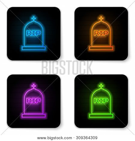 Glowing Neon Tombstone With Rip Written On It Icon Isolated On White Background. Grave Icon. Black S