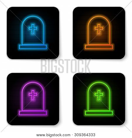 Glowing Neon Tombstone With Cross Icon Isolated On White Background. Grave Icon. Black Square Button