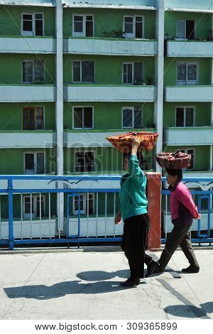 Wonsan, North Korea - May 3, 2019:  Street Scene   In Wonsan, North Korean Port On Eastern Seashore.