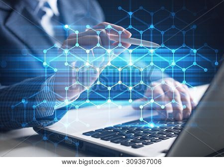 Project Management And Internet Researching Process. Man In Business Suit Typing On Laptop Keyboard.