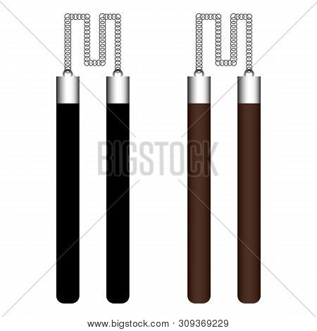 Nunchacks Ninja Weapon Isolated On White Background. Traditional Japanese Weapon. Illustration For A