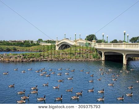 Southport, Merseyside, United Kingdom - 28 June 2019: The Venetian Bridge Crossing The Lake In The K