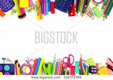 School Supplies Double Border. Top View Isolated On A White Background With Copy Space. Back To Scho