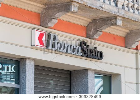 Lugano, Switzerland - June 1, 2019: Banca Stato Is A Swiss Cantonal Bank.