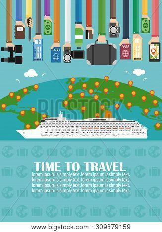 Time To Travel, With Cruise Lainer And World Map .lorem Ipsum Is Simply Text.vector Illustration