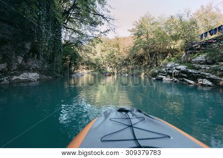 Rubber Boat In Canyon. Martvili Canyon In Georgia.