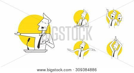 Perfect Line Speaker Icons In Various Poses And Manifestations Of Oratory Professional Skills. Moder
