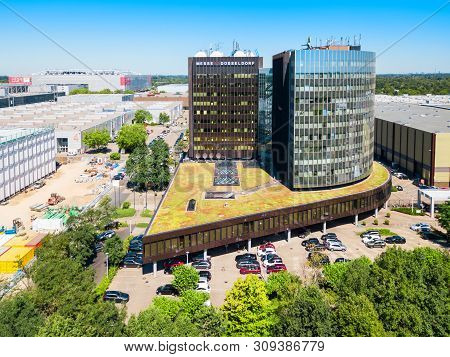 Dusseldorf, Germany - July 02, 2018: Dusseldorf Messe Trade Fair Ground And Esprit Arena Stadium In 