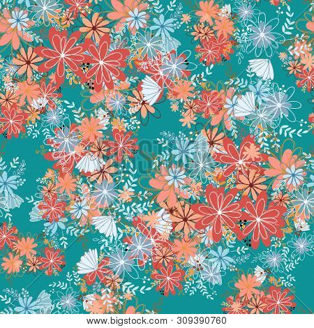 Seamless Pattern Clear Shaped Flowers Mixed Bouguet. Simple Flowers In Bouguets