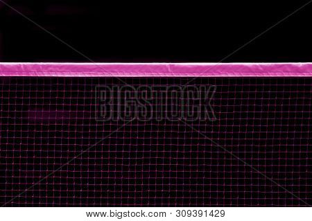 Badminton Pink Net Indoor On Badminton Court, Closeup View Of Badminton Net With Black Background