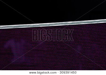Badminton Net Indoor On Badminton Court, Closeup View Of Badminton Net With Black Background