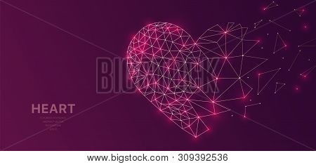 Polygonal Wireframe Mesh Futuristic With Heart, Love Concept Sign On Dark Background. Vector Lines, 