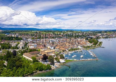 Aerial View Of Morges Castle In The Border Of The Leman Lake In  Switzerland