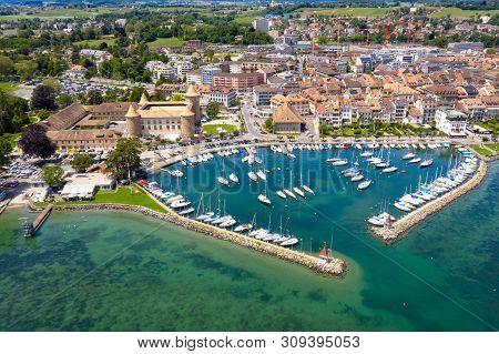 Aerial View Of Morges Castle In The Border Of The Leman Lake In  Switzerland