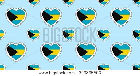 Bahamas Flags Background. Bahamian Flag Seamless Pattern. Vector Stickers. Love Hearts Symbols. Good