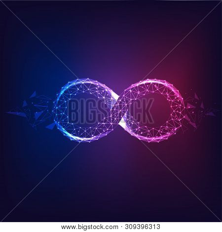Futuristic Glowing Low Polygonal Purple To Blue Infinity Symbol Isolated On Dark Background.