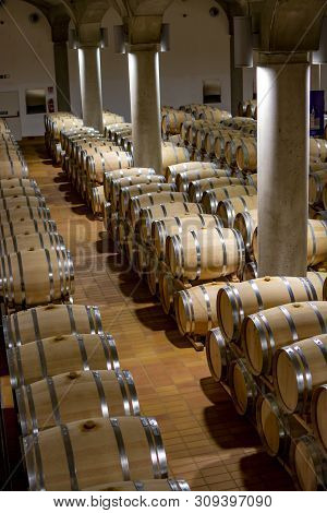 Big Wine Cellar With Old Oak Barrels, Production Of Red Dry Or Sweet Wine In Marsala, Sicily, Italy