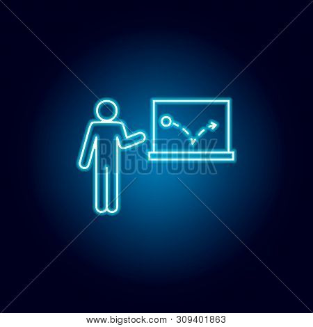 Physics Teacher Icon In Blue Neon Style. Education Symbol Sign Pictogram.