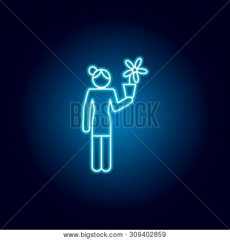 Biology Teacher Icon In Blue Neon Style. Education Symbol Sign Pictogram.
