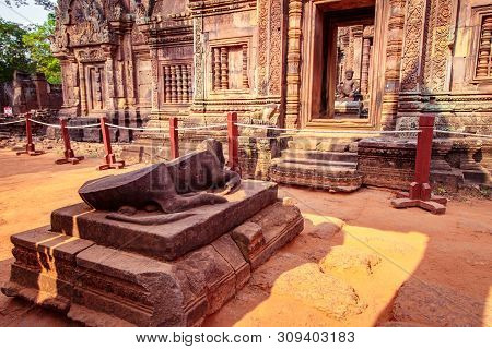 Cow Statue At The Entrance Of Banteay Srei Temple, Siem Reap, Cambodia