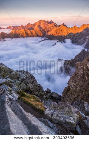 Mountains Landscape With Inversion In The Valley At Sunset As Seen From Rysy Peak In High Tatras, Sl
