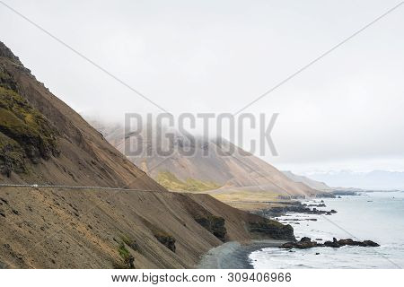 Road Through The Hvalnesskridur Land Slides In East Iceland On A Foggy Day