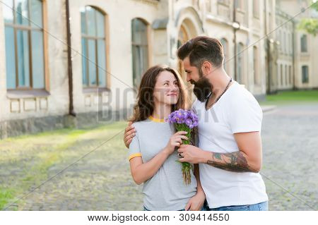 Couple Meeting For Date. Man Giving Flowers. Golden Rules Perfect Date. Simple Happiness. Romantic D