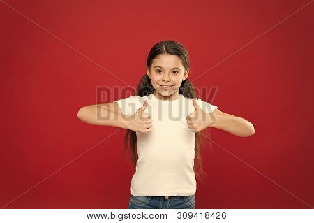 That Is Right. Little Girl Excited Smiling Face. Kid Happy Cute Face Feels Excited Red Background. E