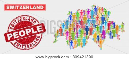 Demographic Switzerland Map Abstraction. People Bright Mosaic Switzerland Map Of Crowd, And Red Roun