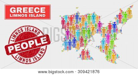 Demographic Limnos Island Map Abstraction. People Color Mosaic Limnos Island Map Of Humans, And Red 