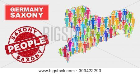 Demographic Saxony Land Map Illustration. People Bright Mosaic Saxony Land Map Of Men, And Red Round
