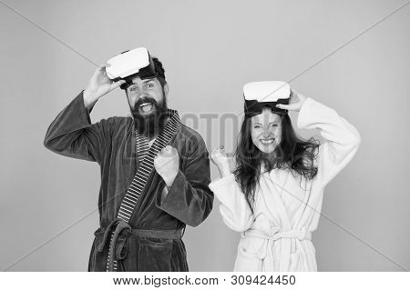 Man And Woman Explore Vr. Vr Technology And Future. Vr Communication. Exciting Impressions. Awakenin